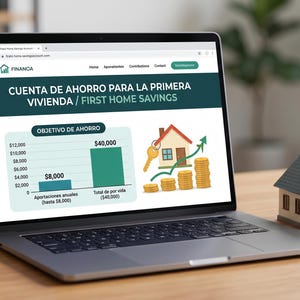 Puede incluir: Un portátil muestra una página web con el texto "CUENTA DE AHORRO PARA LA PRIMERA VIVIENDA / FIRST HOME SAVINGS." Una pequeña maqueta de casa, llaves y una taza están junto al portátil. La página web muestra un objetivo de ahorro de $40,000.