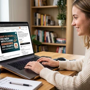 Op de afbeelding: Een vrouw gebruikt een laptop op een houten bureau. Het laptopscherm toont een advertentie met de tekst "SAVE 10 HOURS PER WEEK WITH CLAUDE". Een mok met "CREATIVE MINDS" staat op het bureau, samen met een notitieboek en een pen.