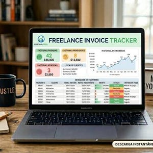 Puede incluir: Un portátil que muestra una interfaz de "Freelance Invoice Tracker" está sobre un escritorio de madera. Una taza con "HUSTLE" impresa, una suculenta y un bloc de notas con un lápiz también están en el escritorio. Un letrero dice "MANAGE YOUR MONEY".