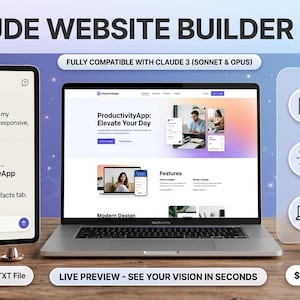 May include: Image showcasing a laptop and tablet displaying a website builder skill for Claude. The text reads "CLAUDE WEBSITE BUILDER SKILL" and highlights features like copy & paste, describing ideas, and getting a site. A coffee mug and plant are also visible.