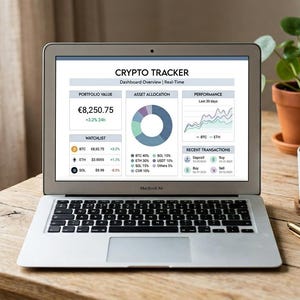 May include: A laptop displaying a "Crypto Tracker" dashboard with portfolio value, asset allocation, and performance charts. A cup of coffee, a pen, and a potted plant sit on a wooden table next to the laptop.