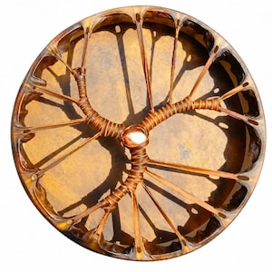 May include: A circular frame drum with a tan, stretched skin head. The back features a brown leather lacing system arranged in a branching, tree-like pattern that converges at the center, where a small, smooth, white stone is secured.