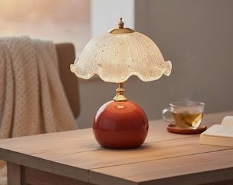 Abajur de mesa vintage em vidro com design estético, luminária de mesa canelada em formato de pétala de flor, luminária de cabeceira aconchegante, ideal para presente.