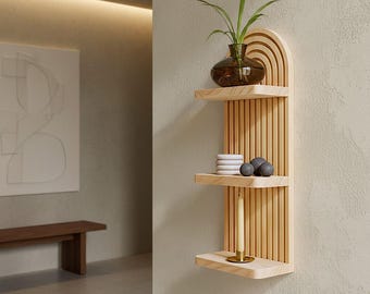 Geriffelter Bogen Wandregal, Boho Holz Floating Rack, Drei Display Regale Wanddekor