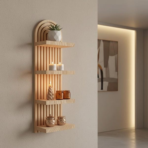 Étagère murale en forme d'arche cannelée, support flottant en bois bohème, décoration murale quatre étagères