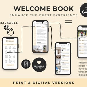 Pu&ograve; includere: Un modello di libro di benvenuto digitale per dispositivi mobili con quattro schermate di smartphone che mostrano menu di navigazione, regole della casa e informazioni di viaggio. Il design include icone cliccabili, linee tratteggiate e il testo Welcome Book, Edit in Canva e Feels Like An App.