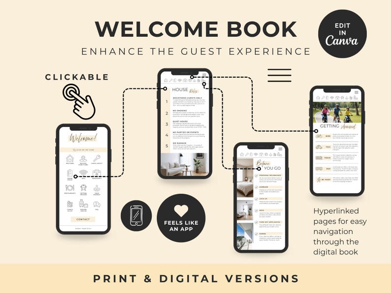 Pu&ograve; includere: Un modello di libro di benvenuto digitale per dispositivi mobili con quattro schermate di smartphone che mostrano menu di navigazione, regole della casa e informazioni di viaggio. Il design include icone cliccabili, linee tratteggiate e il testo Welcome Book, Edit in Canva e Feels Like An App.