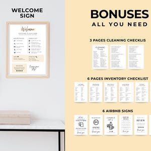 Pu&ograve; includere: Un modello di cartello di benvenuto digitale con regole della casa, istruzioni per il check-out e contatti. Il set include tre pagine di liste di pulizia, sei pagine di inventario e sei cartelli Airbnb stampabili in bianco e nero.