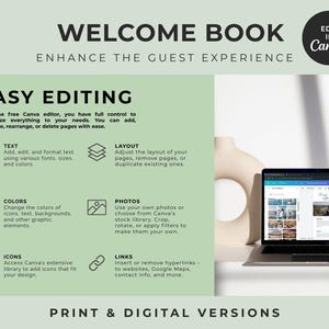 May include: A digital welcome book template featuring the text WELCOME BOOK, ENHANCE THE GUEST EXPERIENCE, and EDIT IN CANVA. The graphic displays features like easy editing for text, layout, colours, photos, icons, and links, with a laptop showing the Canva interface.