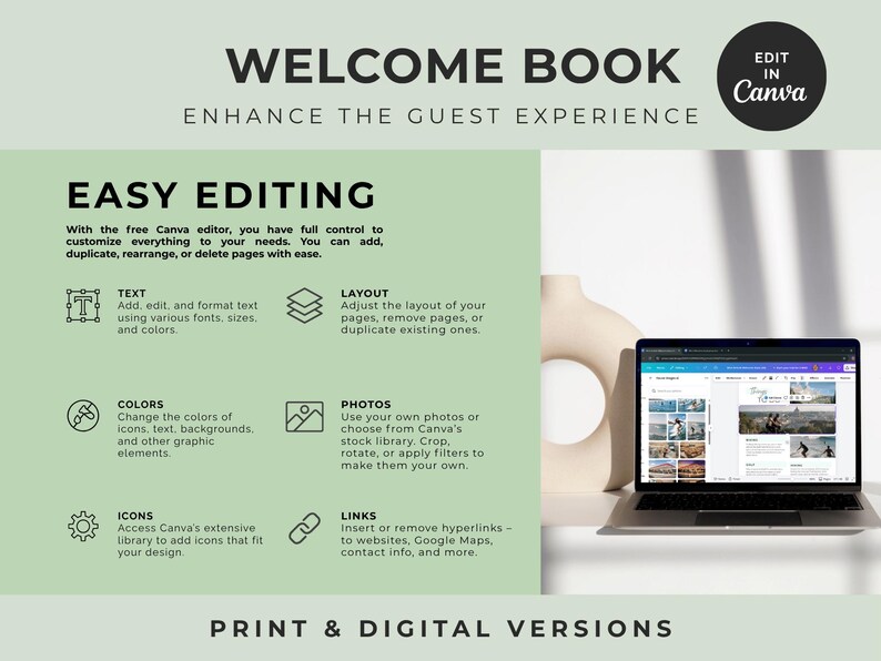 May include: A digital welcome book template featuring the text WELCOME BOOK, ENHANCE THE GUEST EXPERIENCE, and EDIT IN CANVA. The graphic displays features like easy editing for text, layout, colours, photos, icons, and links, with a laptop showing the Canva interface.