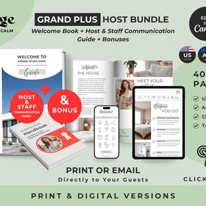 May include: A digital host bundle template featuring a welcome book, host and staff communication guide, and bonuses. Includes 40+ pages in US Letter and A4 sizes, compatible with Canva for print or email, and optimised for mobile phone and tablet viewing.