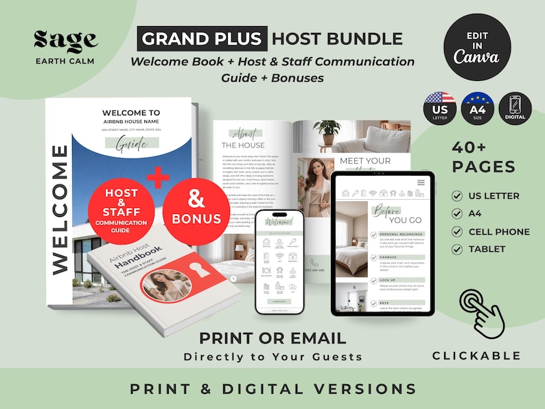 May include: A digital host bundle template featuring a welcome book, host and staff communication guide, and bonuses. Includes 40+ pages in US Letter and A4 sizes, compatible with Canva for print or email, and optimised for mobile phone and tablet viewing.