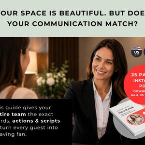May include: A 25-page instant PDF Airbnb Host Handbook with a white cover, red accents, and a keyhole icon. The text reads: YOUR SPACE IS BEAUTIFUL. BUT DOES YOUR COMMUNICATION MATCH? This guide gives your entire team the exact words, actions & scripts.