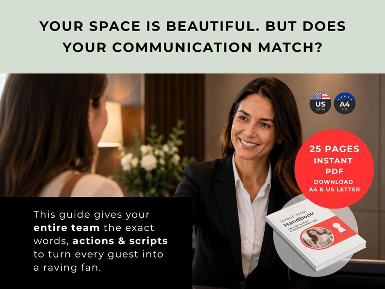 May include: A 25-page instant PDF Airbnb Host Handbook with a white cover, red accents, and a keyhole icon. The text reads: YOUR SPACE IS BEAUTIFUL. BUT DOES YOUR COMMUNICATION MATCH? This guide gives your entire team the exact words, actions & scripts.