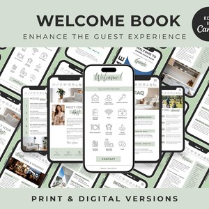 May include: A digital welcome book template for hosts displayed on multiple smartphone screens. The design features a sage green and white colour scheme with icons, text headers like Welcome, Meet Your Host, and FAQ, and a Canva edit button.