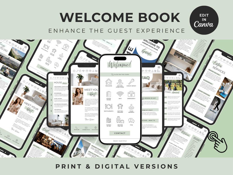 May include: A digital welcome book template for hosts displayed on multiple smartphone screens. The design features a sage green and white colour scheme with icons, text headers like Welcome, Meet Your Host, and FAQ, and a Canva edit button.
