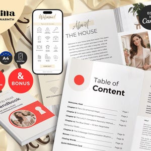 Pu&ograve; includere: Un modello digitale di manuale per host Airbnb che include un sommario, un'interfaccia per telefono cellulare con icone di benvenuto e una guida alla comunicazione. Il design utilizza una tavolozza di colori crema e bianco con accenti rossi.