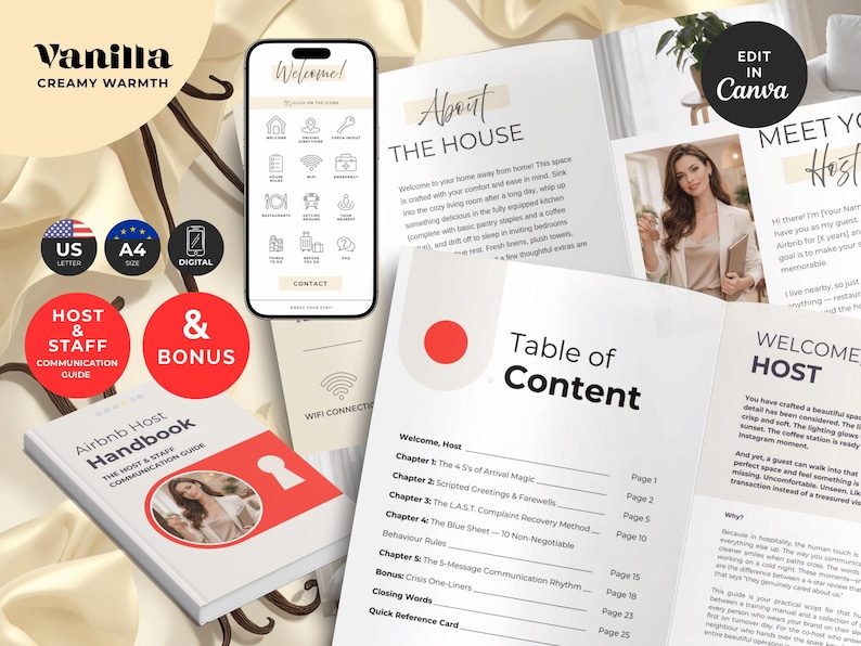 Pu&ograve; includere: Un modello digitale di manuale per host Airbnb che include un sommario, un'interfaccia per telefono cellulare con icone di benvenuto e una guida alla comunicazione. Il design utilizza una tavolozza di colori crema e bianco con accenti rossi.