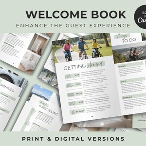 May include: A digital welcome book template featuring multiple pages with sections for guest amenities, trash and recycling, and local activities. The layout includes text headers, icons, and placeholders for images, with the text Edit in Canva visible.