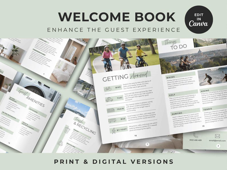 May include: A digital welcome book template featuring multiple pages with sections for guest amenities, trash and recycling, and local activities. The layout includes text headers, icons, and placeholders for images, with the text Edit in Canva visible.