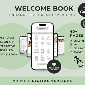 May include: A digital welcome book template for mobile devices and print, featuring a light green background with black text. The design includes icons for navigation, 40+ pages, and compatibility with US Letter, A4, cell phone, and tablet formats.