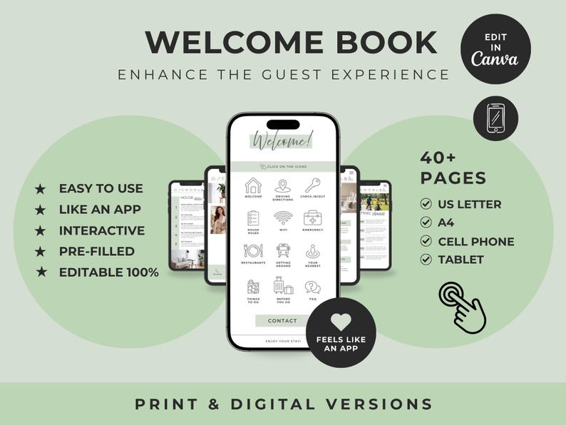 May include: A digital welcome book template for mobile devices and print, featuring a light green background with black text. The design includes icons for navigation, 40+ pages, and compatibility with US Letter, A4, cell phone, and tablet formats.