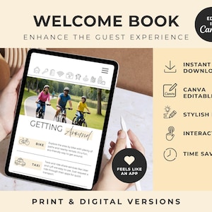 Może przedstawiać: Szablon cyfrowej księgi powitalnej wyświetlony na ekranie tabletu, zawierający tekst Welcome Book, Enhance the Guest Experience, Getting Around, Bike oraz Taxi. Interfejs zawiera ikony i zdjęcie trzech os&oacute;b jadących na rowerach.