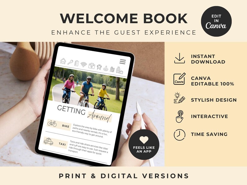 Może przedstawiać: Szablon cyfrowej księgi powitalnej wyświetlony na ekranie tabletu, zawierający tekst Welcome Book, Enhance the Guest Experience, Getting Around, Bike oraz Taxi. Interfejs zawiera ikony i zdjęcie trzech os&oacute;b jadących na rowerach.