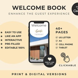 Może przedstawiać: Szablon cyfrowej księgi powitalnej wyświetlony na ekranie smartfona. Grafika zawiera tekst Welcome Book, Enhance the Guest Experience, 40+ Pages, Easy to Use, Like an App, Interactive, Pre-filled, Editable 100%, US Letter, A4, Cell Phone, Tablet, Clickable oraz Feels Like an App.