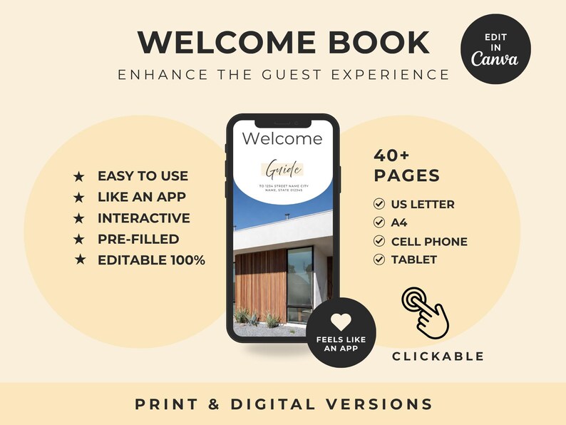 Może przedstawiać: Szablon cyfrowej księgi powitalnej wyświetlony na ekranie smartfona. Grafika zawiera tekst Welcome Book, Enhance the Guest Experience, 40+ Pages, Easy to Use, Like an App, Interactive, Pre-filled, Editable 100%, US Letter, A4, Cell Phone, Tablet, Clickable oraz Feels Like an App.
