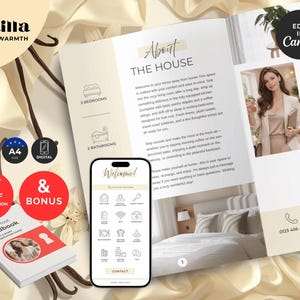 Pu&ograve; includere: Un modello digitale di libro di benvenuto per host Airbnb con uno schema di colori beige crema. Il layout include sezioni intitolate About The House e Meet Your Host, icone per 3 camere da letto e 2 bagni, un mockup di smartphone e un manuale.