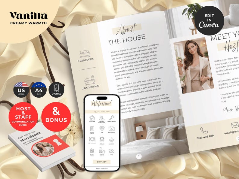 Pu&ograve; includere: Un modello digitale di libro di benvenuto per host Airbnb con uno schema di colori beige crema. Il layout include sezioni intitolate About The House e Meet Your Host, icone per 3 camere da letto e 2 bagni, un mockup di smartphone e un manuale.