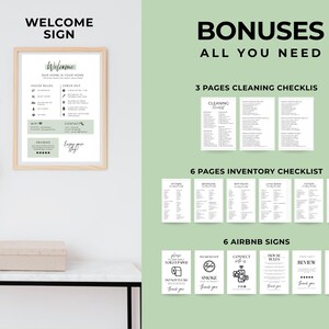 May include: A digital template set for rental properties featuring a welcome sign, three cleaning checklists, six inventory checklists, and six signs. The documents use black text on white backgrounds with sage green accents and minimalist icons.