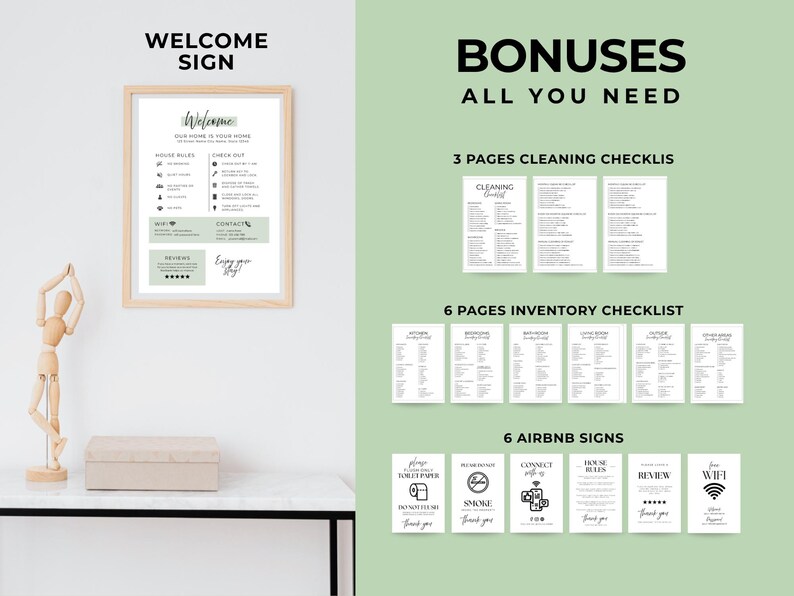 May include: A digital template set for rental properties featuring a welcome sign, three cleaning checklists, six inventory checklists, and six signs. The documents use black text on white backgrounds with sage green accents and minimalist icons.