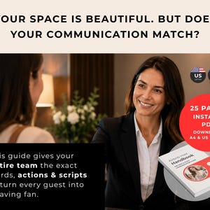 Pu&ograve; includere: Una guida digitale Airbnb Host Handbook di 25 pagine in formato PDF. La copertina mostra il titolo, un'icona a forma di serratura e una foto circolare di un host. Testo: YOUR SPACE IS BEAUTIFUL. BUT DOES YOUR COMMUNICATION MATCH? e A4.