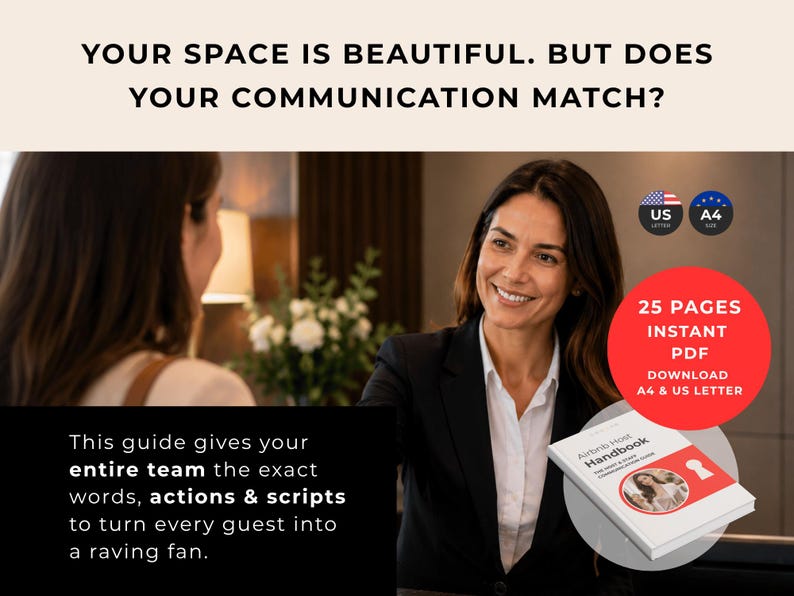 Pu&ograve; includere: Una guida digitale Airbnb Host Handbook di 25 pagine in formato PDF. La copertina mostra il titolo, un'icona a forma di serratura e una foto circolare di un host. Testo: YOUR SPACE IS BEAUTIFUL. BUT DOES YOUR COMMUNICATION MATCH? e A4.