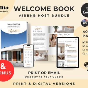Może przedstawiać: Cyfrowy i gotowy do druku pakiet powitalny dla gospodarzy Airbnb, zawierający ponad 40 stron w formatach US Letter i A4. Zestaw zawiera szablony przewodnika, informacje o domu i instrukcje dla gości, kompatybilne z aplikacją Canva.