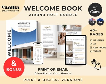 Pacchetto completo di benvenuto per host Airbnb Grand Vanilla / PDF digitale modificabile con Canva / Guida per gli ospiti di case vacanza / Affitti a breve termine / Manuale VRBO