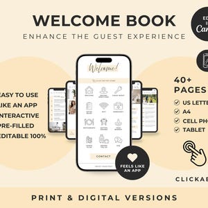 Pu&ograve; includere: Un modello di libro di benvenuto digitale per dispositivi mobili con un display centrale di smartphone che mostra icone interattive per regole, wifi e informazioni locali. Il design include testo che indica 40+ pagine, compatibilit&agrave; con US letter, A4, cellulare e tablet, un badge edit in Canva e un indicatore di interfaccia cliccabile.