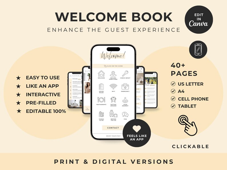 Pu&ograve; includere: Un modello di libro di benvenuto digitale per dispositivi mobili con un display centrale di smartphone che mostra icone interattive per regole, wifi e informazioni locali. Il design include testo che indica 40+ pagine, compatibilit&agrave; con US letter, A4, cellulare e tablet, un badge edit in Canva e un indicatore di interfaccia cliccabile.
