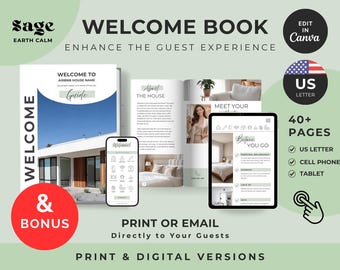 US Letter Sage Welcome Book Bundle for Airbnb Host | Editable Canva & Digital PDF | Vacation Rental Guest Guide | Short Term Rental | VRBO
