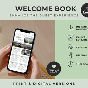 May include: A digital welcome book template displayed on a smartphone screen, featuring a Things To Do section with travel imagery. The graphic includes text labels for instant download, Canva editable, stylish design, interactive, and time saving.