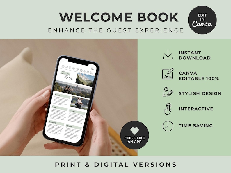May include: A digital welcome book template displayed on a smartphone screen, featuring a Things To Do section with travel imagery. The graphic includes text labels for instant download, Canva editable, stylish design, interactive, and time saving.