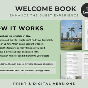 May include: A digital welcome book template for Canva featuring a light green background with black text. The layout includes a how-it-works list, a table of contents, and house rules with images of a coastal landscape and a modern interior space.
