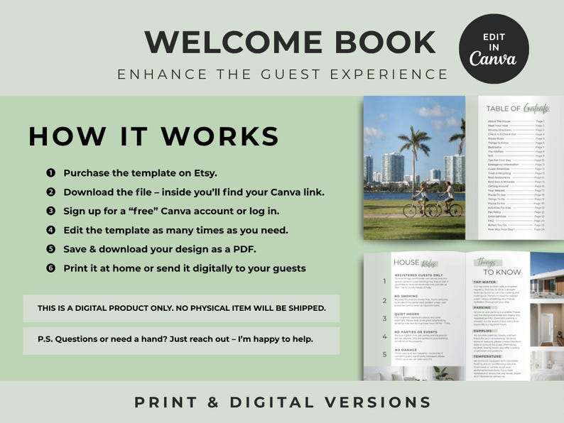 May include: A digital welcome book template for Canva featuring a light green background with black text. The layout includes a how-it-works list, a table of contents, and house rules with images of a coastal landscape and a modern interior space.