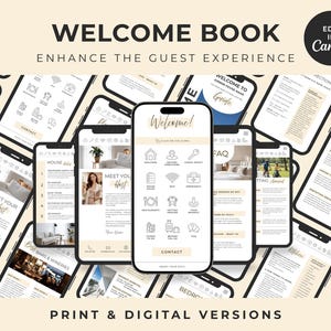 Pu&ograve; includere: Un modello di libro di benvenuto digitale per alloggi con diversi schermi di smartphone che mostrano pagine come regole della casa, informazioni sull'host e FAQ in beige e nero con il testo Edit in Canva.