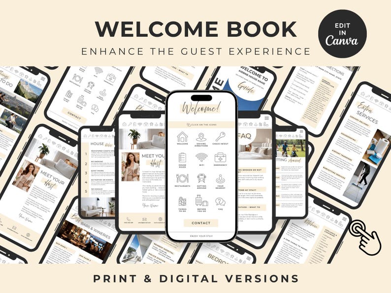 Pu&ograve; includere: Un modello di libro di benvenuto digitale per alloggi con diversi schermi di smartphone che mostrano pagine come regole della casa, informazioni sull'host e FAQ in beige e nero con il testo Edit in Canva.