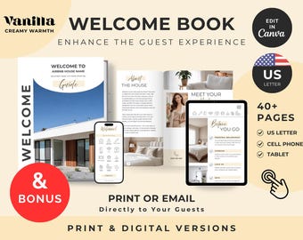 Pacchetto di libri di benvenuto in formato US Letter color vaniglia per host Airbnb / Modificabile su Canva e in PDF digitale / Guida per gli ospiti di case vacanza / Affitti a breve termine / VRBO