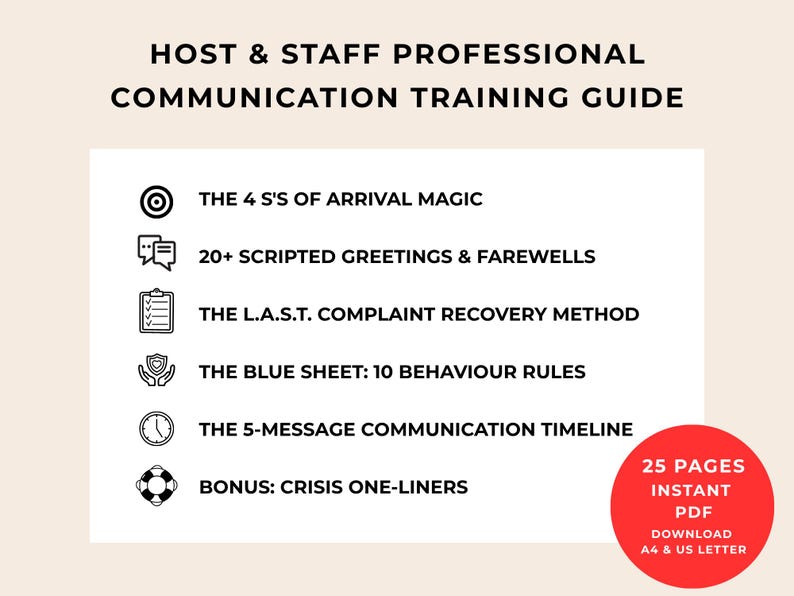 Pu&ograve; includere: Una guida alla formazione sulla comunicazione professionale per il personale e gli host con sei icone nere e testo che include The 4 S's of Arrival Magic, 20+ Scripted Greetings & Farewells, The L.A.S.T. Complaint Recovery Method e un cerchio rosso.