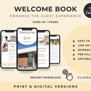 Może przedstawiać: Cyfrowy szablon książki powitalnej na urządzenia mobilne zawierający ponad 40 stron. Projekt zawiera tekst Welcome Book, Enhance the Guest Experience, Edit in Canva oraz wymienia funkcje takie jak łatwość obsługi, interaktywność i klikalność.